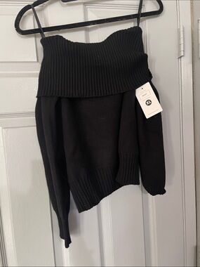 Off-the-Shoulder Ribbed Foldover Sweater in Black